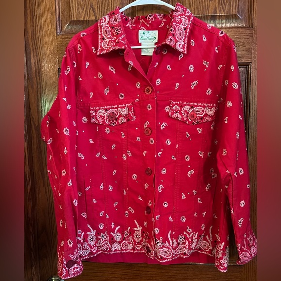 Quacker Factory Large Red & White Button Down Jacket W/ Beading - Picture 1 of 4